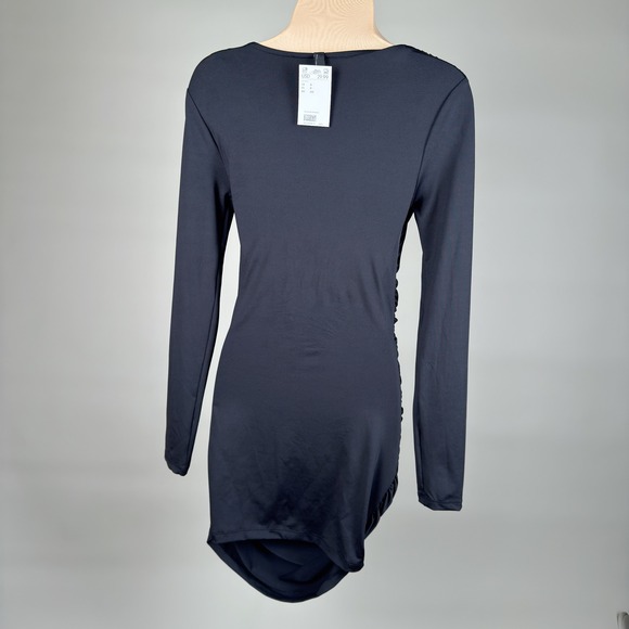 H&M Divided Black Long Sleeve Ruched Wrap V Neck Bodycon Mini Dress Size S - Picture 6 of 6